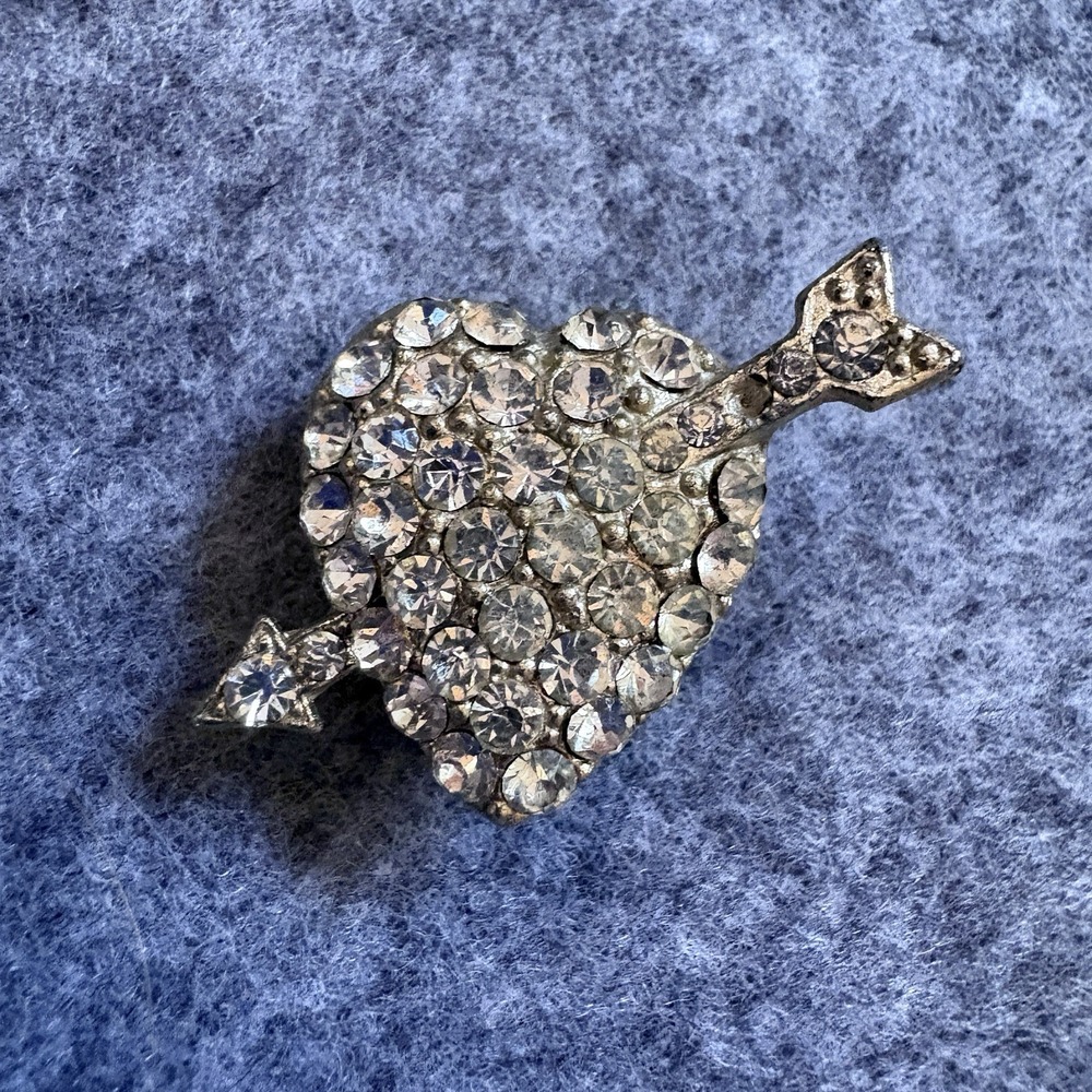 Vintage Rhinestone Pin Brooch Pave Heart Arrow Valentine Silver Tone 40s Era